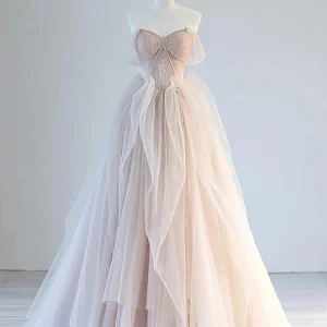 Champagne Pink A-Line Off Shoulder Tulle Lace Long Prom Dress