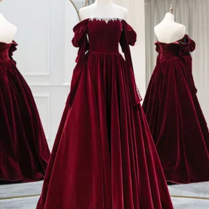 Elegant A-Line Long Sleeves Velvet Burgundy Prom Dress with Exquisite Beads