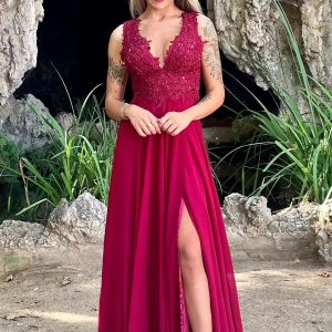 Vintage Red V-Neck Long Prom Dress High Slit Evening Gown