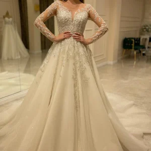 Elegant A-Line Wedding Dress with Lace Appliques and Sleeves Long Train