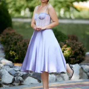 Lilac Spaghetti Strap Corset Tea Length Evening Gown with Beads