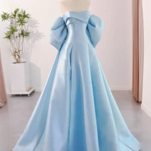 A-Line Sweetheart Neck Satin Blue Long Prom Formal Evening Gown Dress