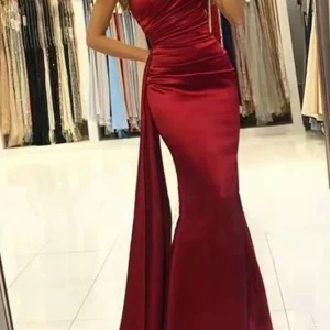 Wine Red One Shoulder Mermaid Prom Dress with Elegant Ruffles