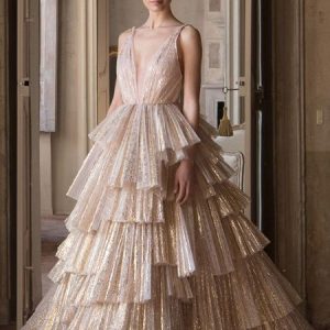 Ball Gown Unique Prom Dress Tiered Skirt Formal Evening Wear