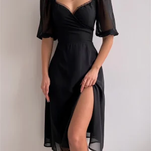 Women's Fashion Lace Prom Dress Midi Puff Sleeve Outfit