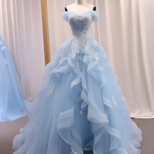 Ball Gown Sweetheart Neck Tulle Lace Blue Long Prom Dress