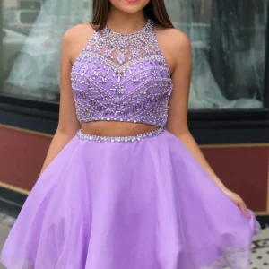 Sparkling Lilac Two-Piece Halter Short Prom Dress: Beaded Homecoming & Graduation Evening Gown