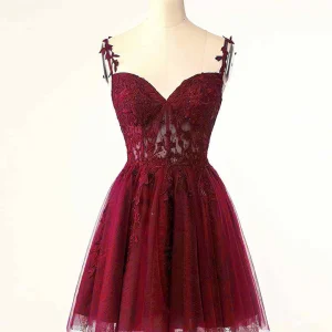 Spaghetti Strap Lace Sheer Top Burgundy Short Prom Dress Homecoming Dress
