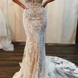 V-Neck Spaghetti Straps Lace Mermaid Wedding Dress Court Train WW259