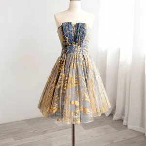 Robe de soirée courte sans bretelles or/bleu, robe formelle de 8e année